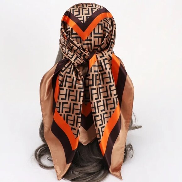 2/$30 NEW Black Copper Orange Geometric Printed Silky Fashion Scarf - Picture 1 of 4
